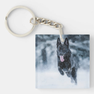 Black German Shepherd in snow Duvet Cover Key Ring