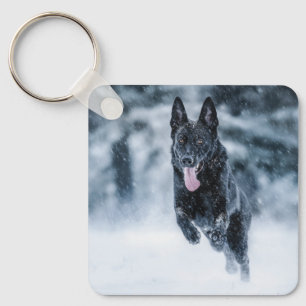 Black German Shepherd in snow Duvet Cover Key Ring