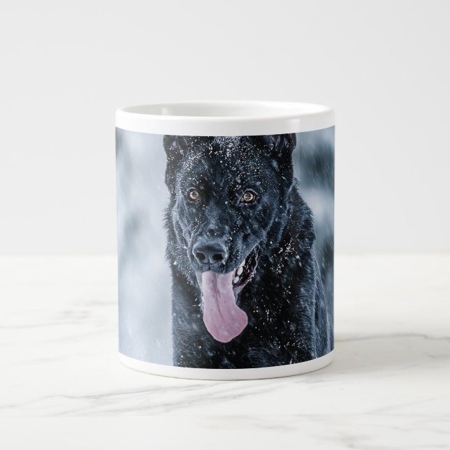 Black German Shepherd in snow Duvet Cover Large Coffee Mug (Front)