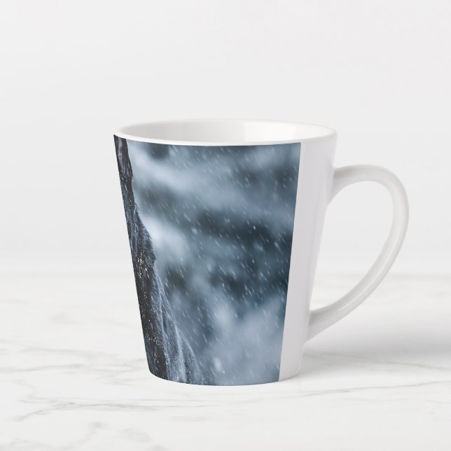 Black German Shepherd in snow Duvet Cover Latte Mug (Right)