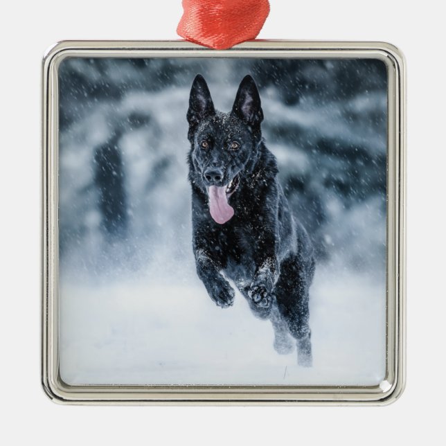Black German Shepherd in snow Duvet Cover Metal Ornament (Front)