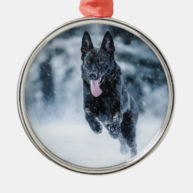 Black German Shepherd in snow Duvet Cover Metal Ornament (Front)