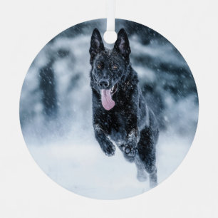 Black German Shepherd in snow Duvet Cover Metal Tree Decoration