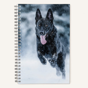 Black German Shepherd in snow Duvet Cover Notebook