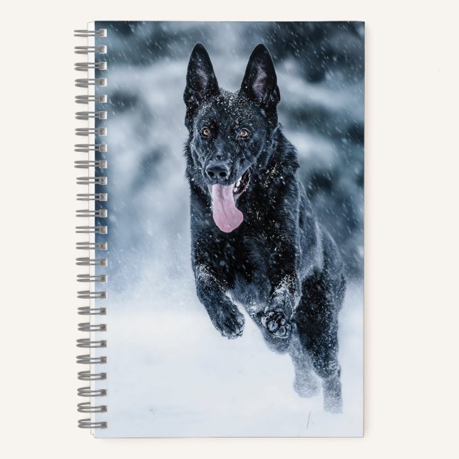 Black German Shepherd in snow Duvet Cover Notebook (Front)