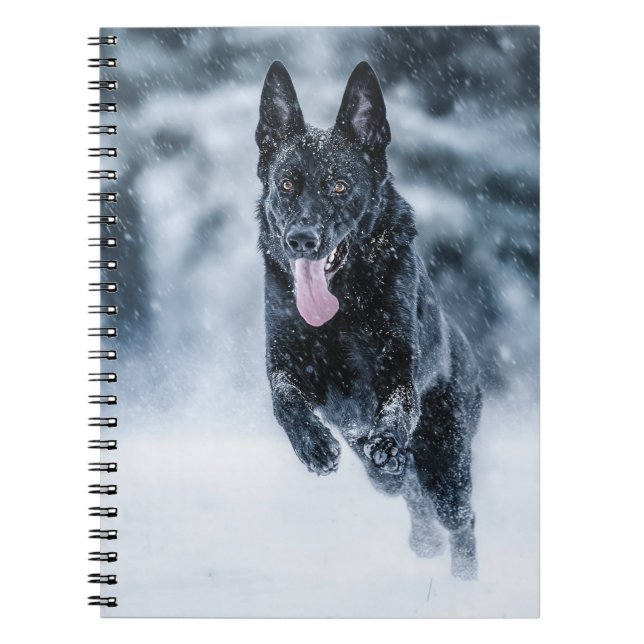 Black German Shepherd in snow Duvet Cover Notebook (Front)