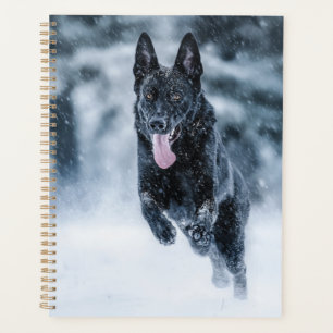 Black German Shepherd in snow Duvet Cover Planner