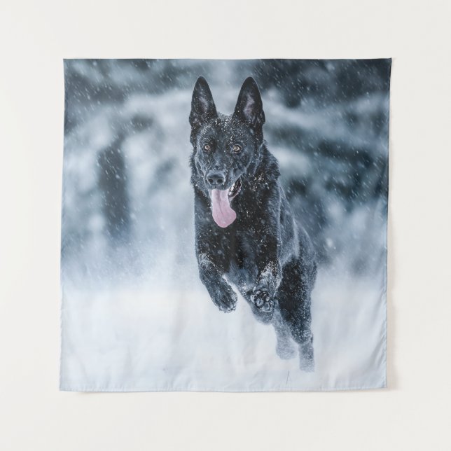 Black German Shepherd in snow Duvet Cover Tapestry (Front)