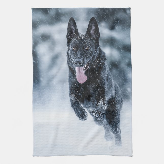 Black German Shepherd in snow Duvet Cover Tea Towel (Vertical)