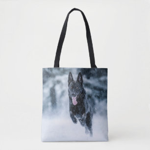 Black German Shepherd in snow Duvet Cover Tote Bag