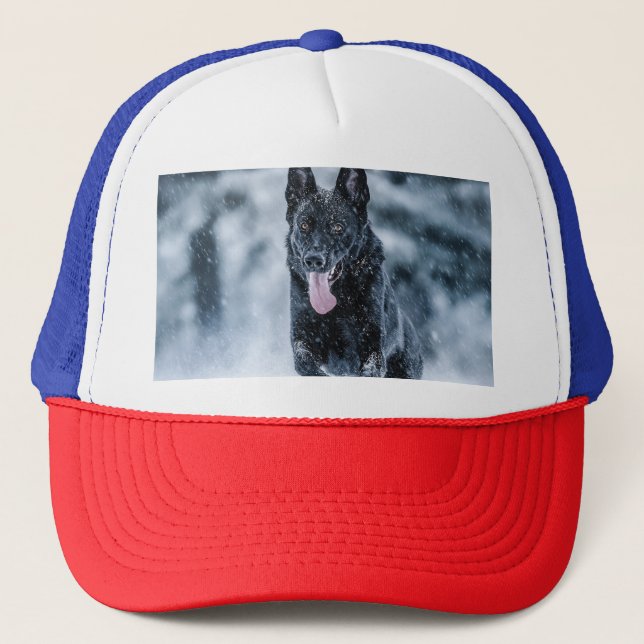 Black German Shepherd in snow Duvet Cover Trucker Hat (Front)
