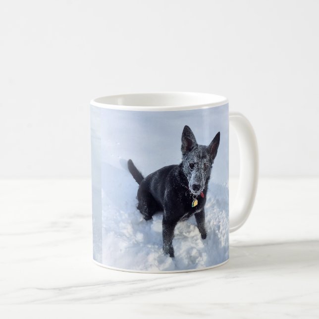Black German Shepherd in the Snow Two Views, ZKA Coffee Mug (Front Right)