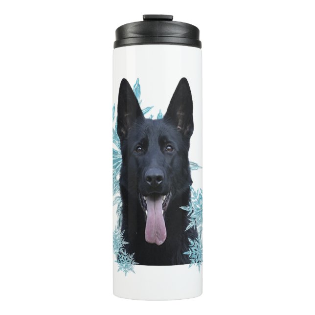 Black German Shepherd in the Snowflakes   Thermal Tumbler (Front)