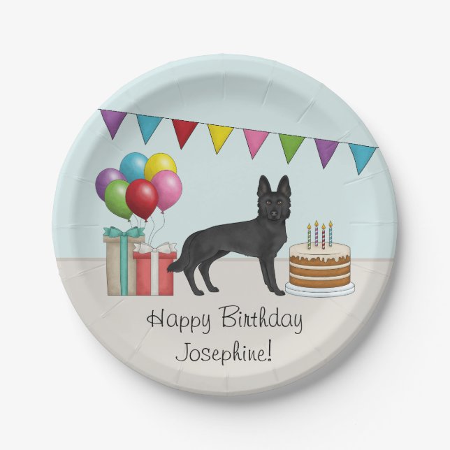 Black German Shepherd With Cake Colourful Birthday Paper Plate (Front)