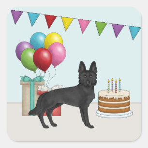 Black German Shepherd With Cake Colourful Birthday Square Sticker