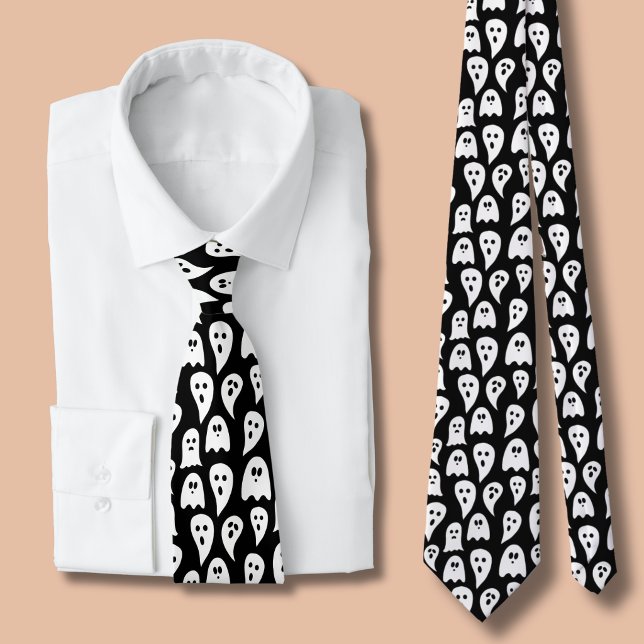 Black Ghost Halloween Tie (Halloween Ghosts Black and white tie )