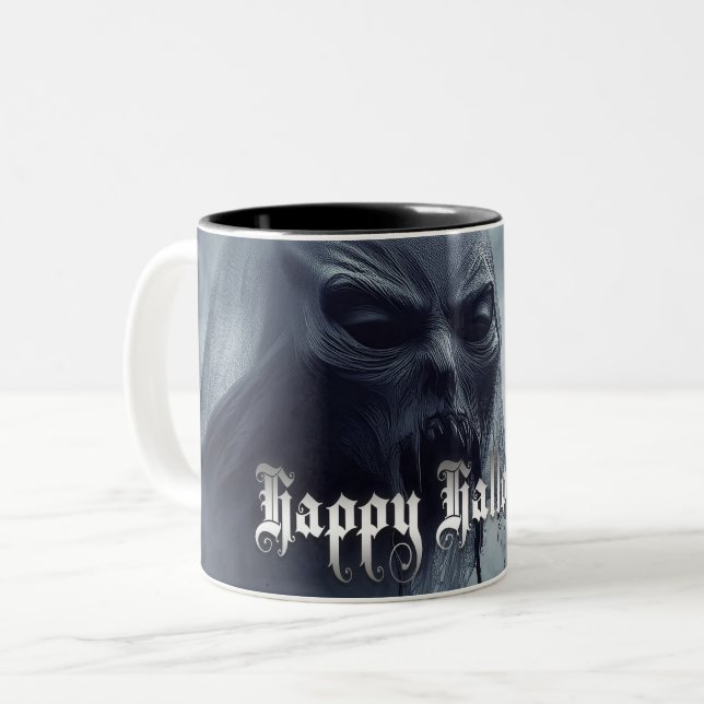 Black ghost in a hellish landscape - Halloween Two-Tone Coffee Mug (Front Left)