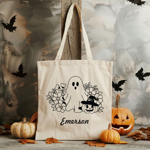 Black Ghost Spooky Pumpkin Halloween Custom Name Tote Bag