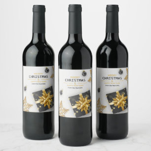 Black Gift Box Gold Snowflakes Christmas Balls Wine Label