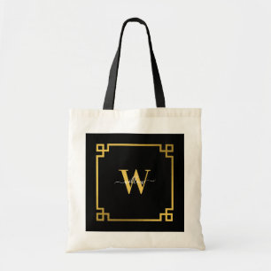 Black & Gikd Greek Key Monogrammed  Tote Bag