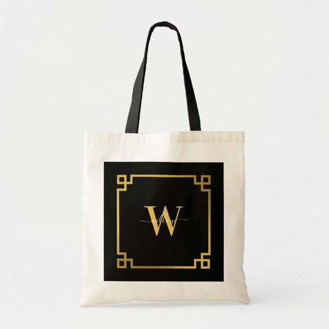 Black & Gikd Greek Key Monogrammed  Tote Bag (Front)