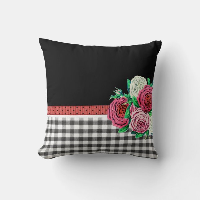 Black Gingham and flowers Cushion (Front)