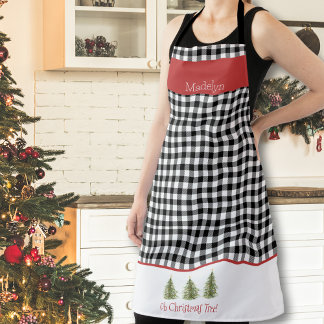 Black Gingham and Watercolor Christmas Trees Apron