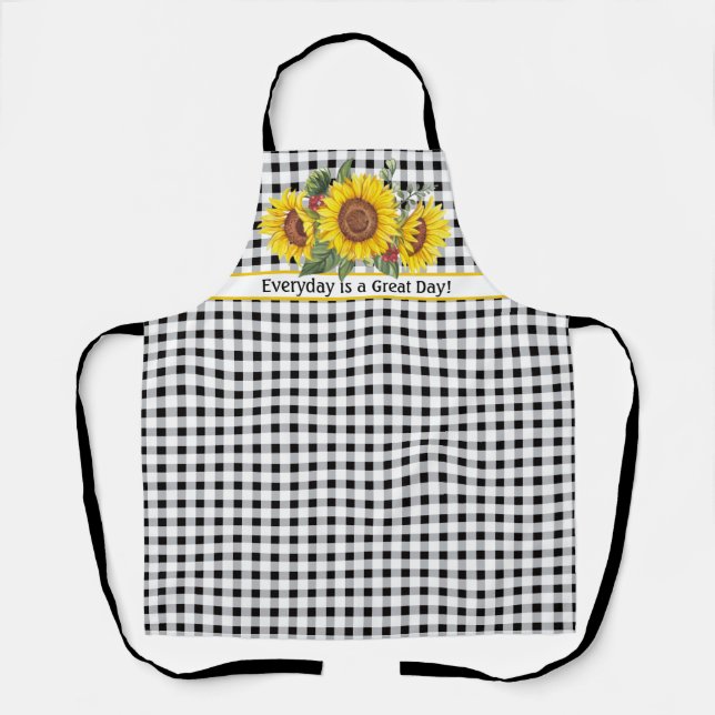 Black Gingham Apron with Sunflowers Customisable (Front)