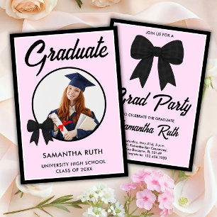 Black Gingham Bow Photo Graduation Invitation