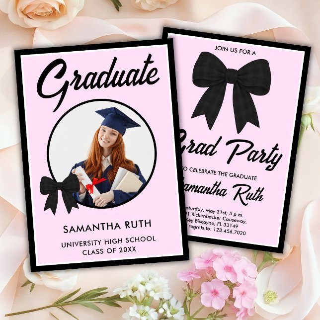 Black Gingham Bow Photo Graduation Invitation (Creator Uploaded)