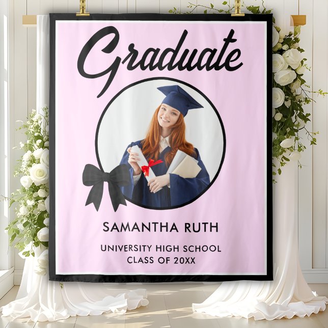 Black Gingham Bow Photo Graduation Party Backdrop Tapestry (Creator Uploaded)