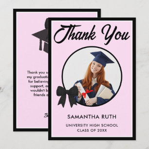 Black Gingham Bow Photo Graduation Thank You Card