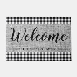 Black Gingham Burlap Rustic Farmhouse Welcome   Doormat
