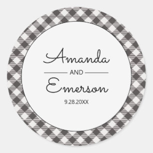 Black Gingham Check Casual Custom Wedding Favour Classic Round Sticker