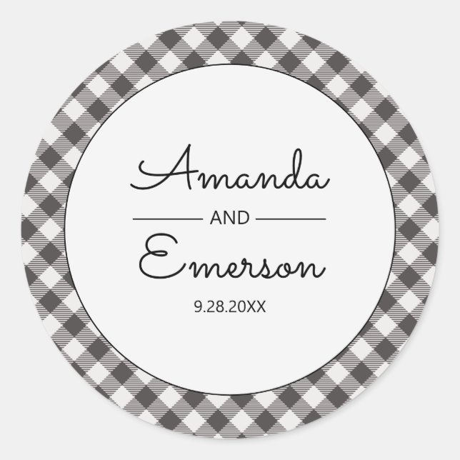 Black Gingham Check Casual Custom Wedding Favour Classic Round Sticker (Front)
