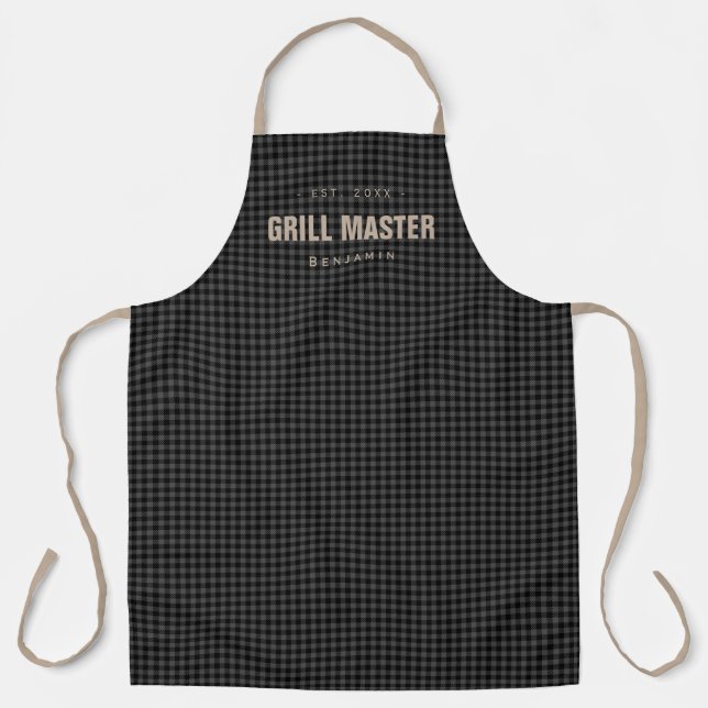 Black gingham check grill master personalised apron (Front)