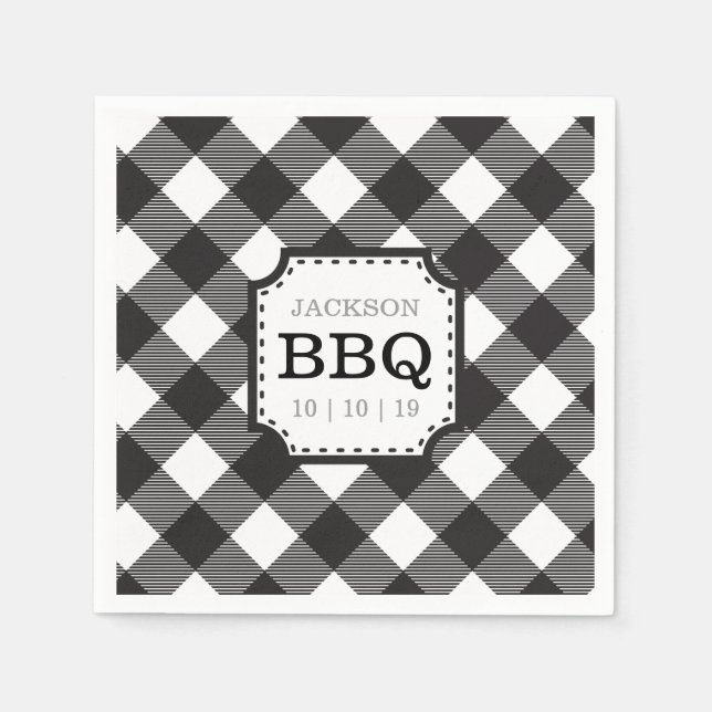 Black Gingham Chequered Pattern Paper Napkin (Front)