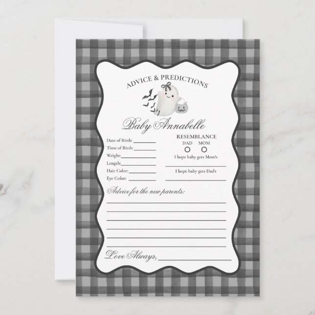 Black Gingham Cute Ghost Advice for Baby Card (Front)
