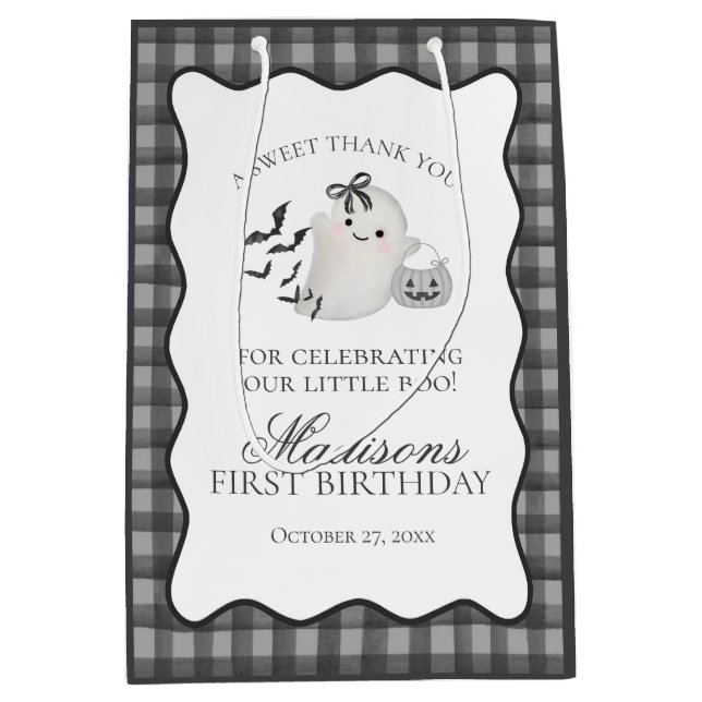 Black Gingham Cute Ghost Birthday Party Favours Medium Gift Bag (Front)
