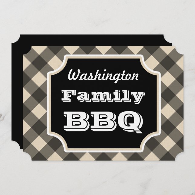 Black Gingham Family Summer BBQ Picnic Invitations (Front/Back)