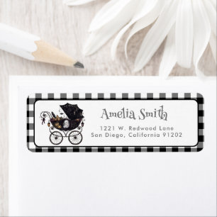 Black gingham Haloween baby shower Return Addres Address Label