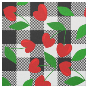 black gingham Heart Shape Cherry rockabilly Fabric