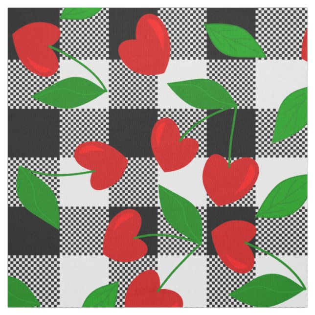 black gingham Heart Shape Cherry rockabilly Fabric (Swatch)