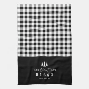 Black Gingham Home Sweet Home Custom Zip Code  Tea Towel