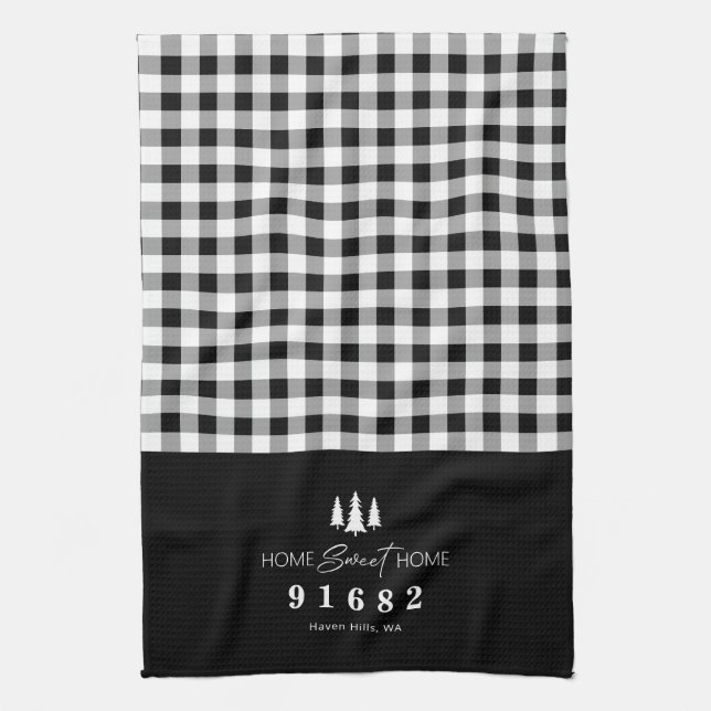 Black Gingham Home Sweet Home Custom Zip Code  Tea Towel (Vertical)