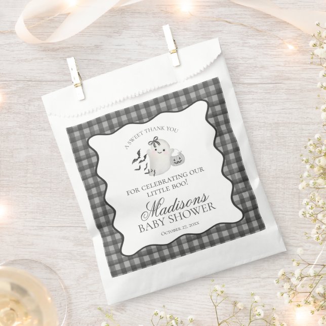 Black Gingham Little Boo Ghost Baby Shower Dessert Favour Bag (Clipped)