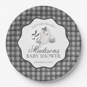 Black Gingham Little Boo Ghost Baby Shower Dessert Paper Plate