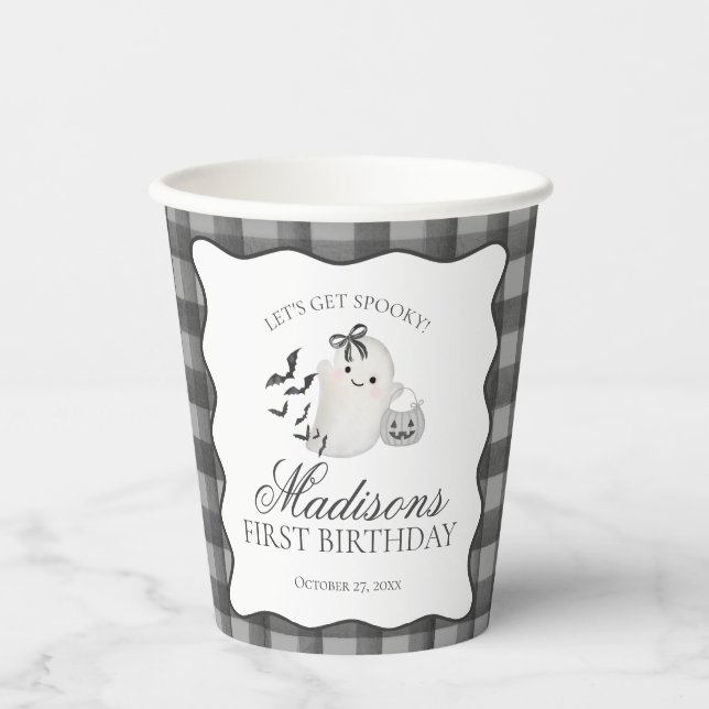 Black Gingham Little Boo Ghost Birthday Coffee Paper Cups (Front)