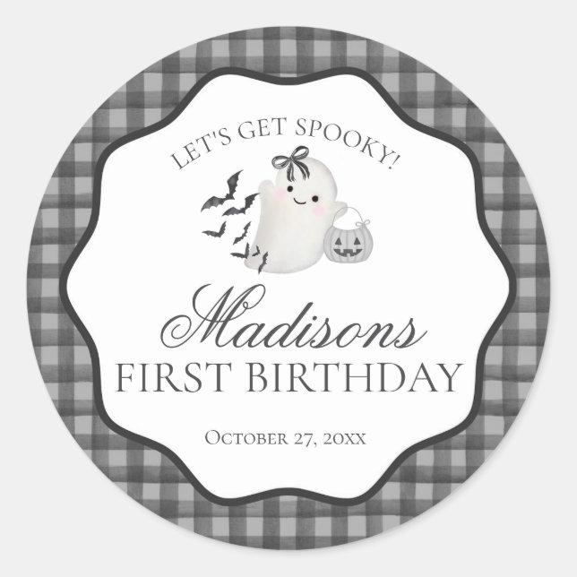 Black Gingham Little Boo Ghost Birthday Party Seal (Front)