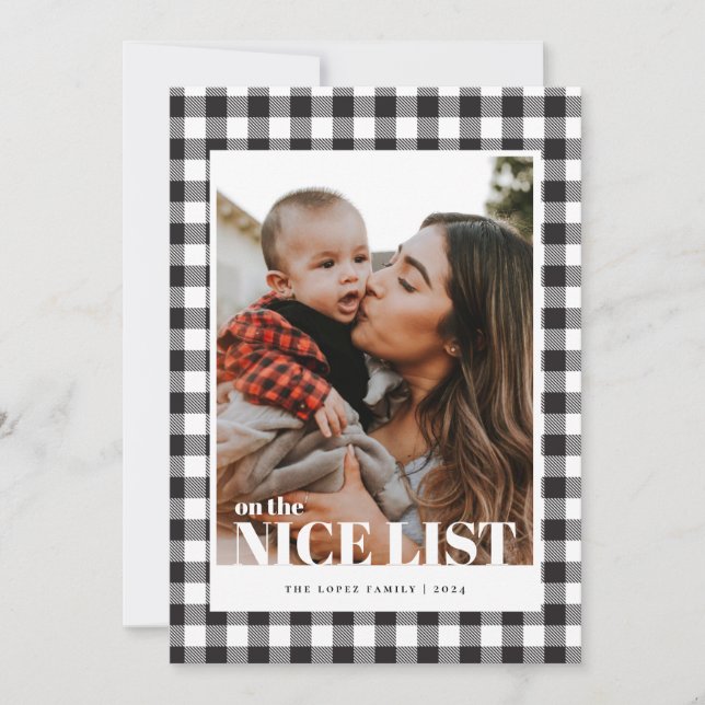 Black Gingham Nice List Photo Christmas Card (Front)